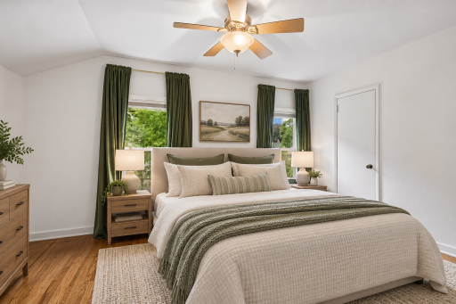 Primary bedroom with hardwood floors and great natural light. (Virtually staged)