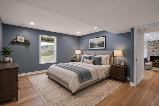 Virtually staged bedroom in the basement bedroom.