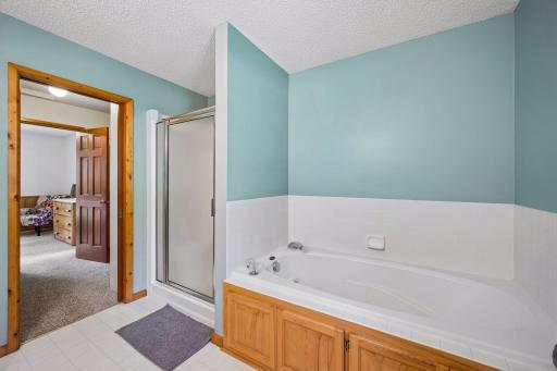 Spaciouse owner's bath is accessed from the walk-in closet offers shower with seat and separate jetted tub.