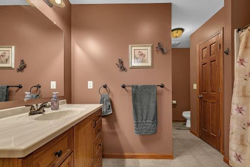 Lower level 3/4 bath offering plenty of storage space, tile floors and can be access by both a bedroom door or the family room area.