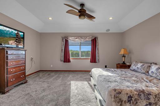 Main level primary suite offers a beautiful tray ceiling, can lighting, surround sound, along with large walk-in closet and newly installed carpet.