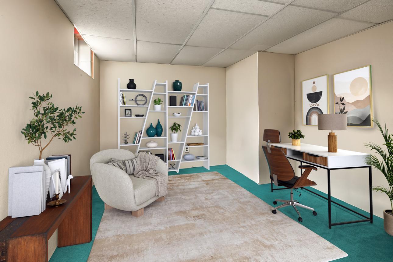 Virtually staged basement Office/Studio