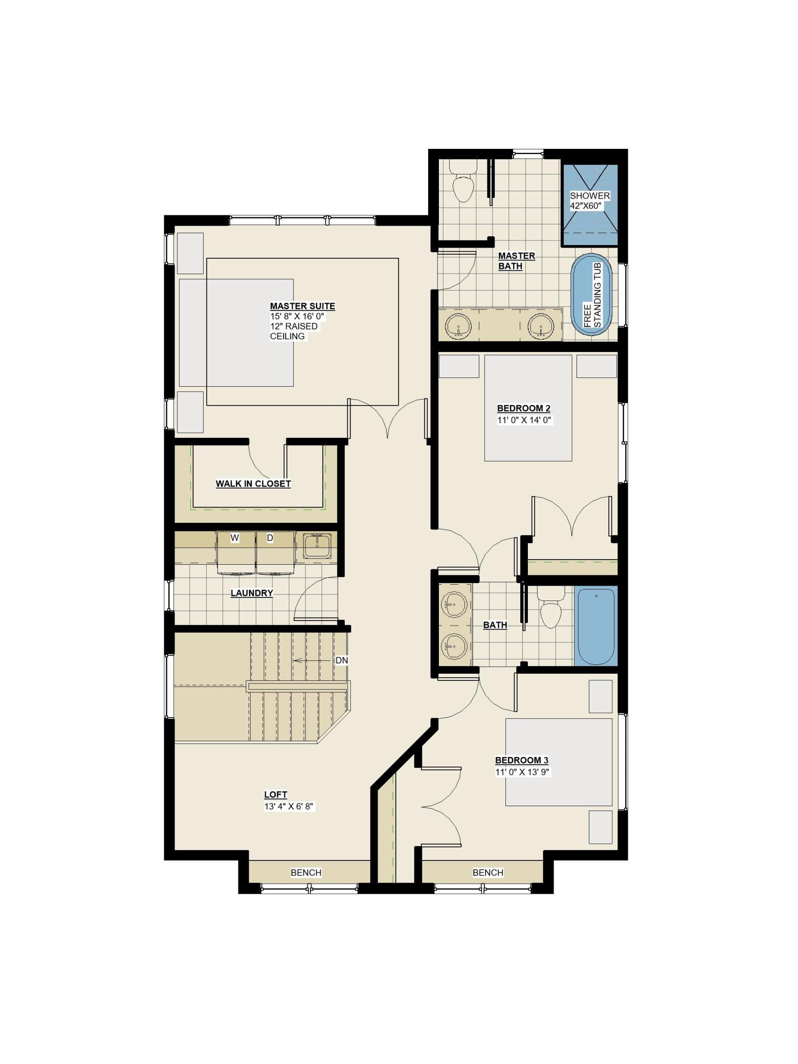 Upper level boasts luxurious primary suite with custom tiled walk-in shower and double vanities, two bedroom with J&J bathroom, loft and convenient laundry.