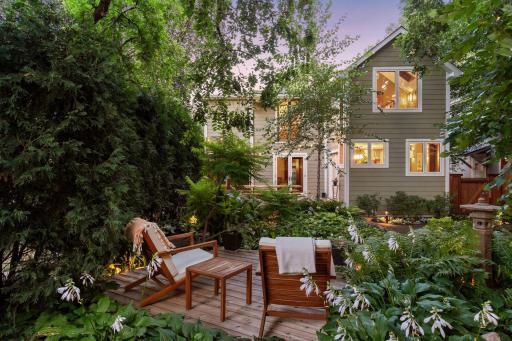 The deck overlooking the pond is a favorite space in the backyard.