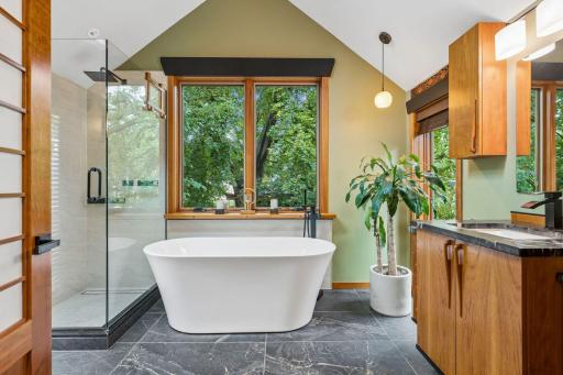 Heated floors - bathtub placement was intentional so there are views of the stars and tree tops.