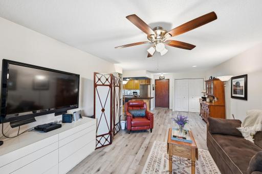 A different angle of the entertainment center in the living room and the entrance in the background.