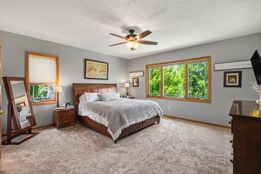 Main level primary suite with carpet, ceiling fan, and windows overlooking the yard.