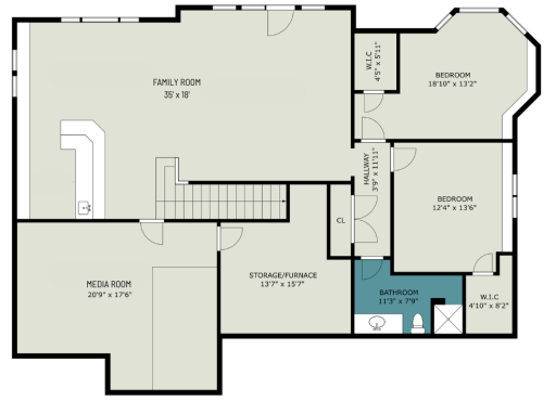 Lower level walkout of 301 9th St SE, New Prague. Theater room, wet bar, recreation area, and large family area. Two bedrooms each with walk-in closets. Three-quarter bath. Storage and mechanical room.