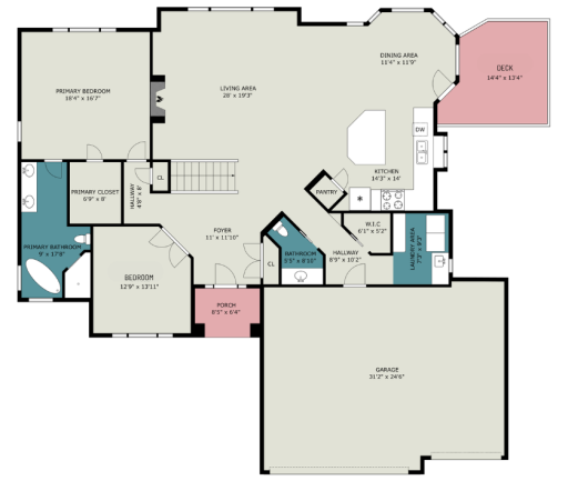 Main level of 301 9th St SE, New Prague. Features an open-concept living area, dining nook, and kitchen with pantry. Primary suite with walk-in closet and private bath. Second bedroom, half bath, laundry room, and foyer with double closet. Three-car