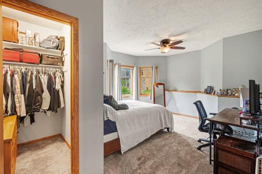 Second angle of lower level bedroom showing double closet and natural light.
