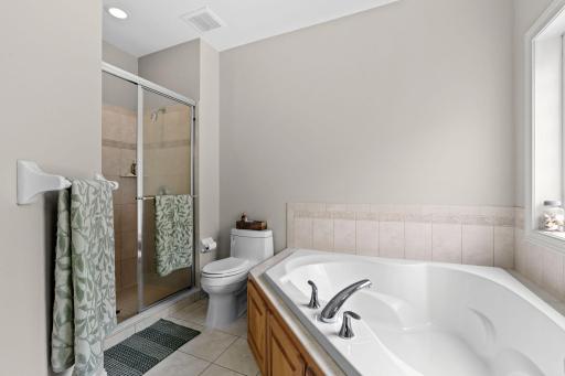 Spacious luxurious bath features separate shower from oversized soaking tub