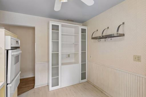 The freestanding cabinet is from IKEA and we felt it worked great there so left it. There is ceiling damage above this cabinet. While not wet currently it should be investigated during buyer's inspection.