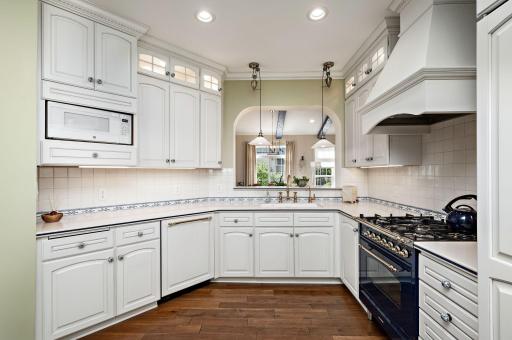 Kitchen with updated lighting and Wolf range.