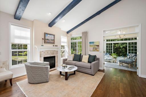 Updated, stone tile fireplace.