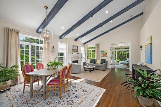 Vaulted ceiling living room and dining room.