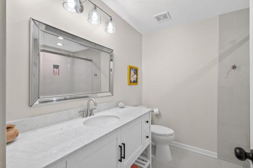 New vanity, mirror, paint and flooring!