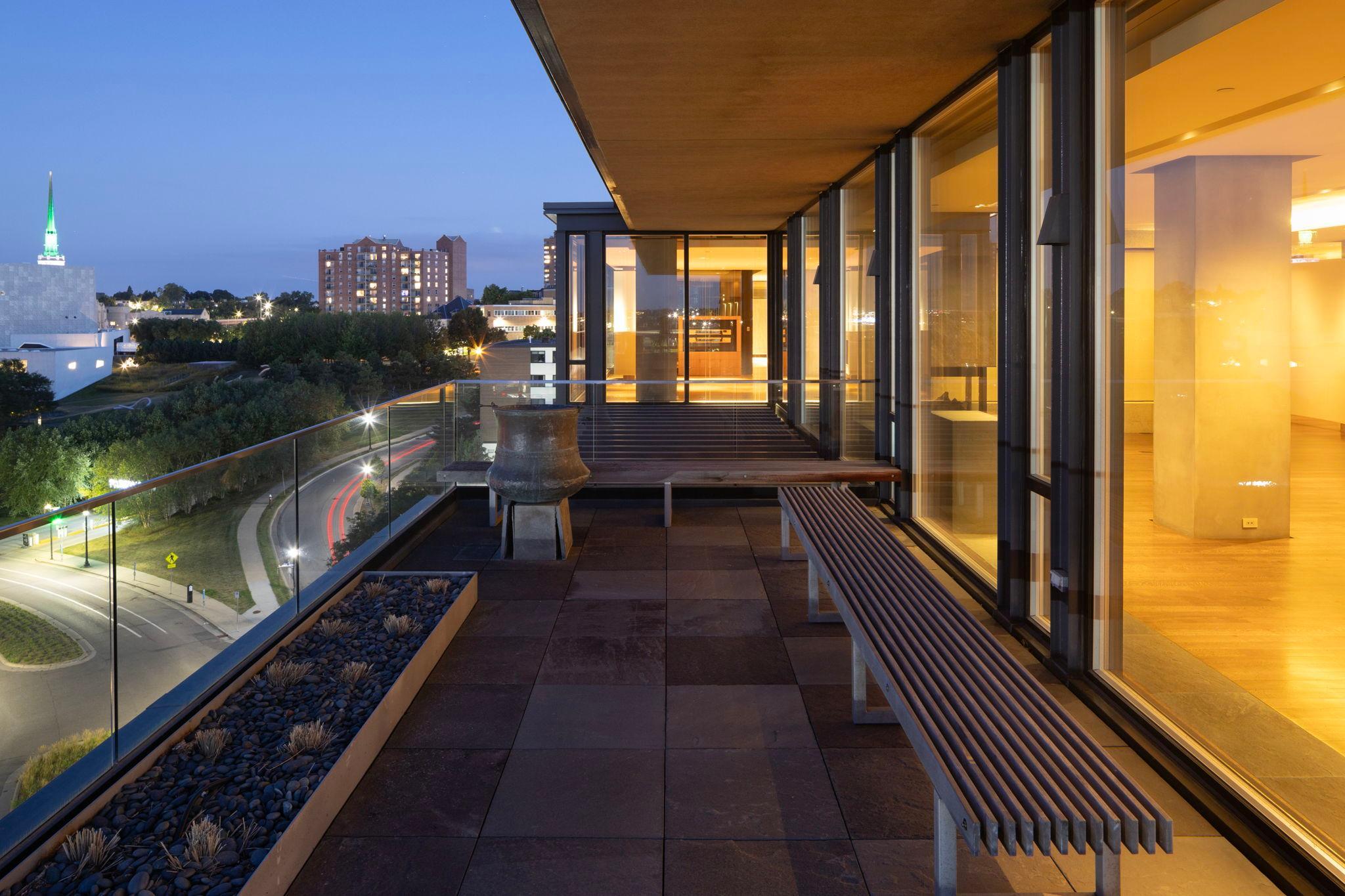 Sculpture Garden facing section of Great Room terrace with built-in planters and irrigation system