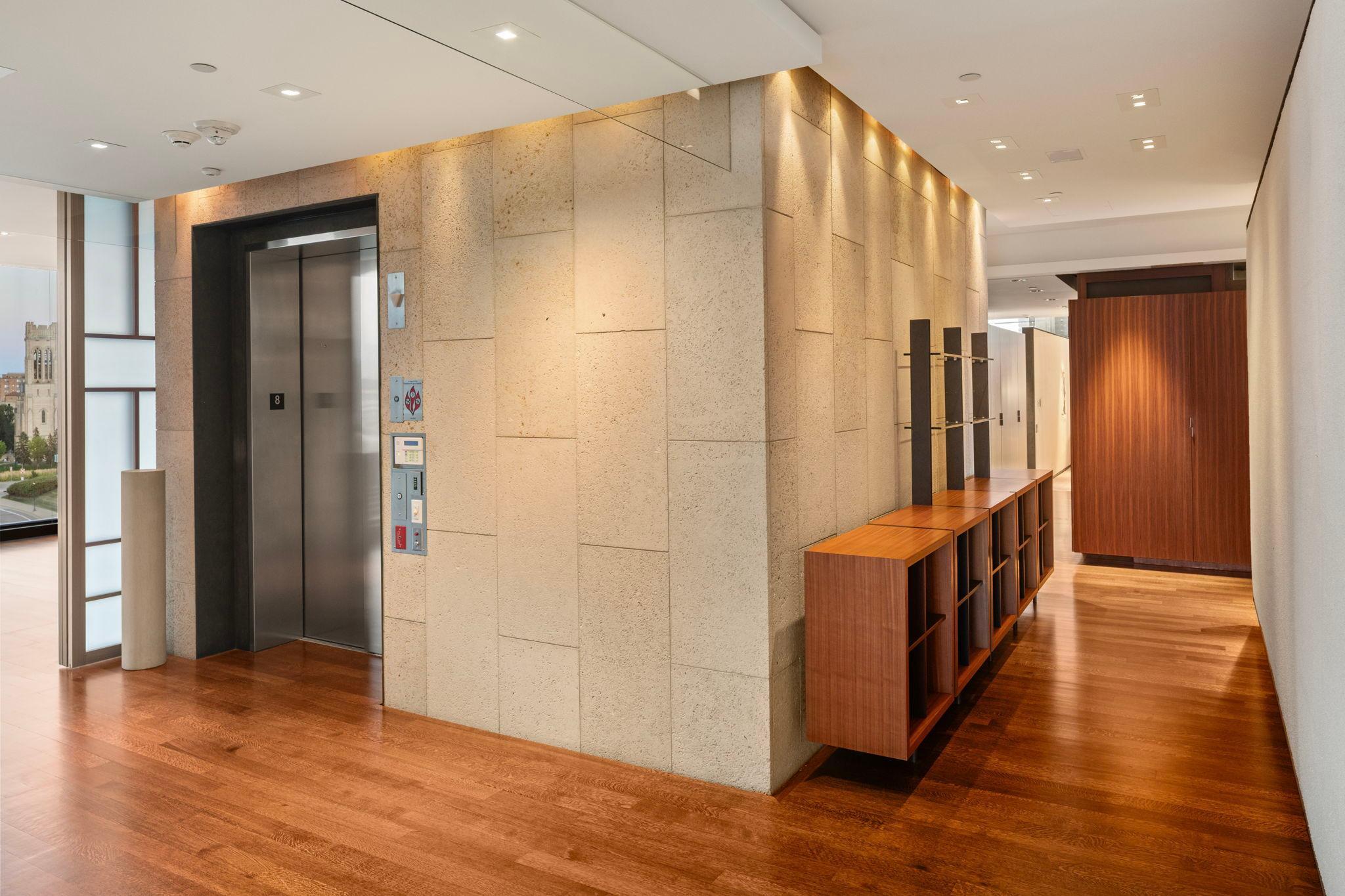 Elevator provides direct, secured access to foyer (elevator opens also to rear side of unit with mudroom)