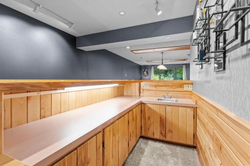 Cabinet space and countertops behind the bar for extra storage