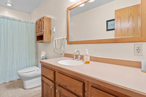 The full main bath with abundant cabinet and counter space