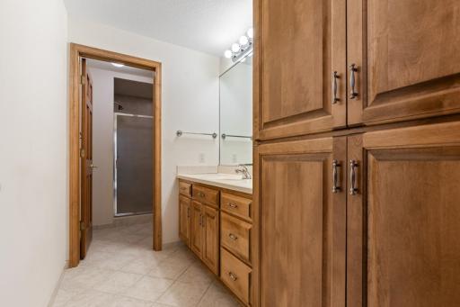 Private 3/4 bath serving the fifth lower-level bedroom, featuring generous cabinetry, ample counter space, and a walk-in shower.