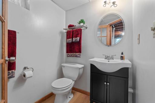 The lower level three-quarter bathroom featuring a single-sink vanity and walk-in shower.