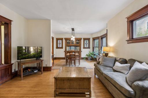 The living room flows right into the dining room.