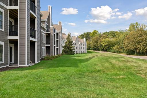 Green space on the deck side of the building.