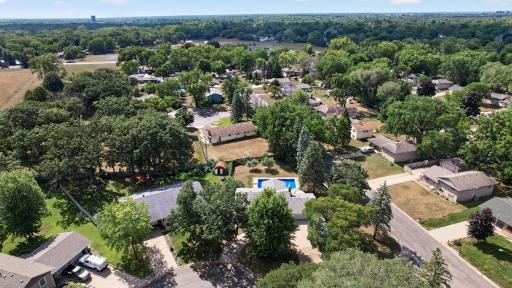 Aerial perspective of the surrounding neighborhood and convenient Coon Rapids location.