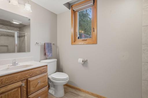 The second bathroom is located in the lower level. Tiled floor, raised toilet and plenty of room to move around. The electric baseboard heater is supplemental if you like your bathroom extra warm in the winter months.