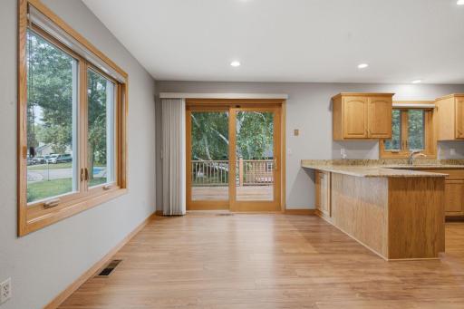 Sellers added canned overhead lighting during the kitchen remodel in 2017. The large window and patio door let in plenty of natural light.