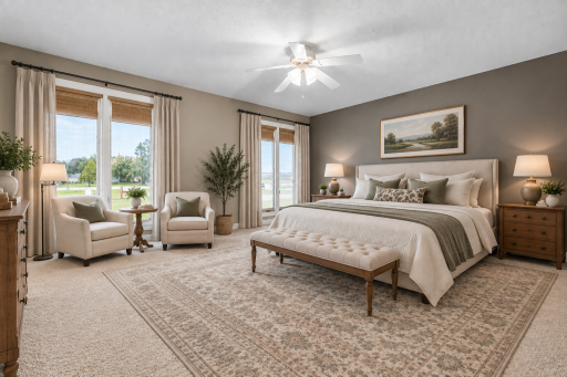 Virtually staged primary bedroom on main floor