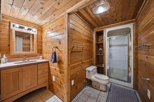 A distinctive lower-level bathroom featuring warm wood paneling, a walk-in shower, and built-in storage.