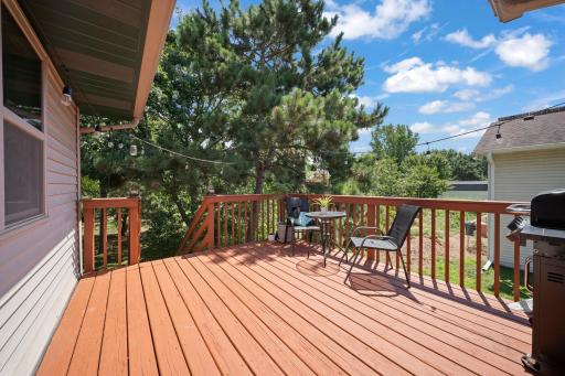 Enjoy peaceful treetop views from the elevated deck, an inviting setting for morning coffee or evening gatherings.