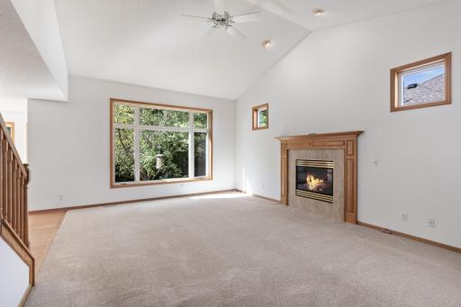 Large Living Room with 12' Vaulted Ceiling, Gas Fireplace | South-Facing Picture Window