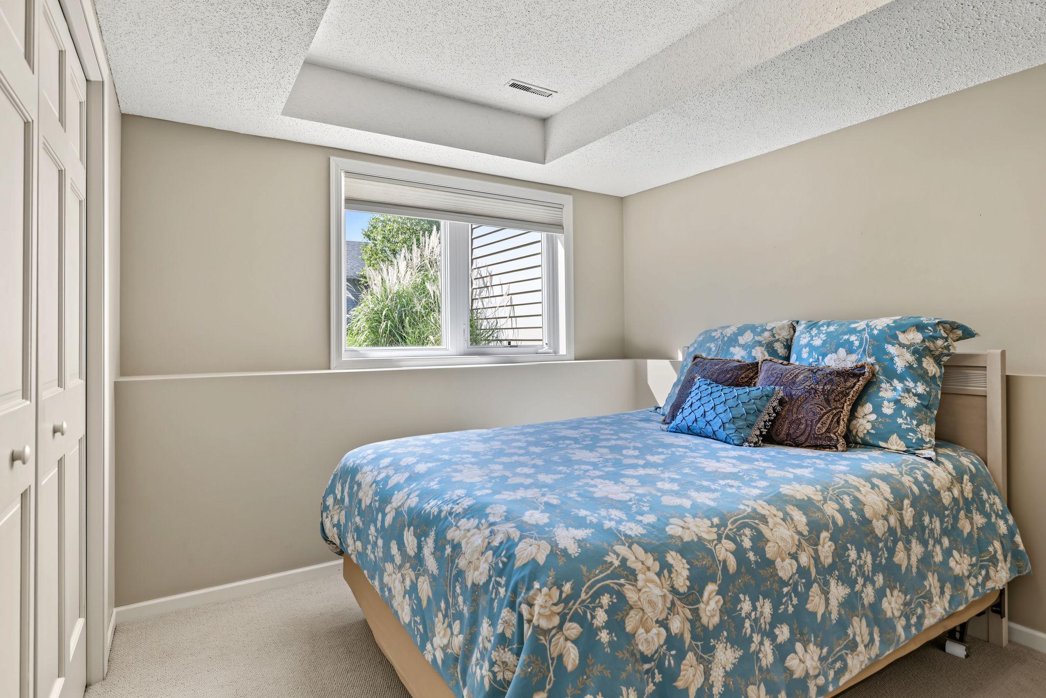 4th bedroom on lower level with decorative tray ceiling.