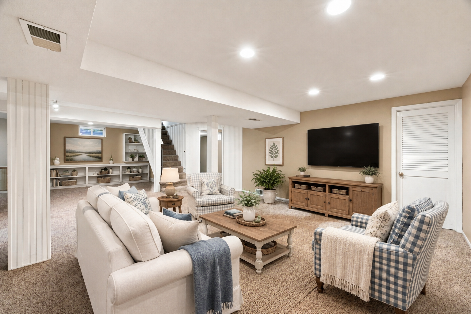 Virtually Staged Basement Family Room