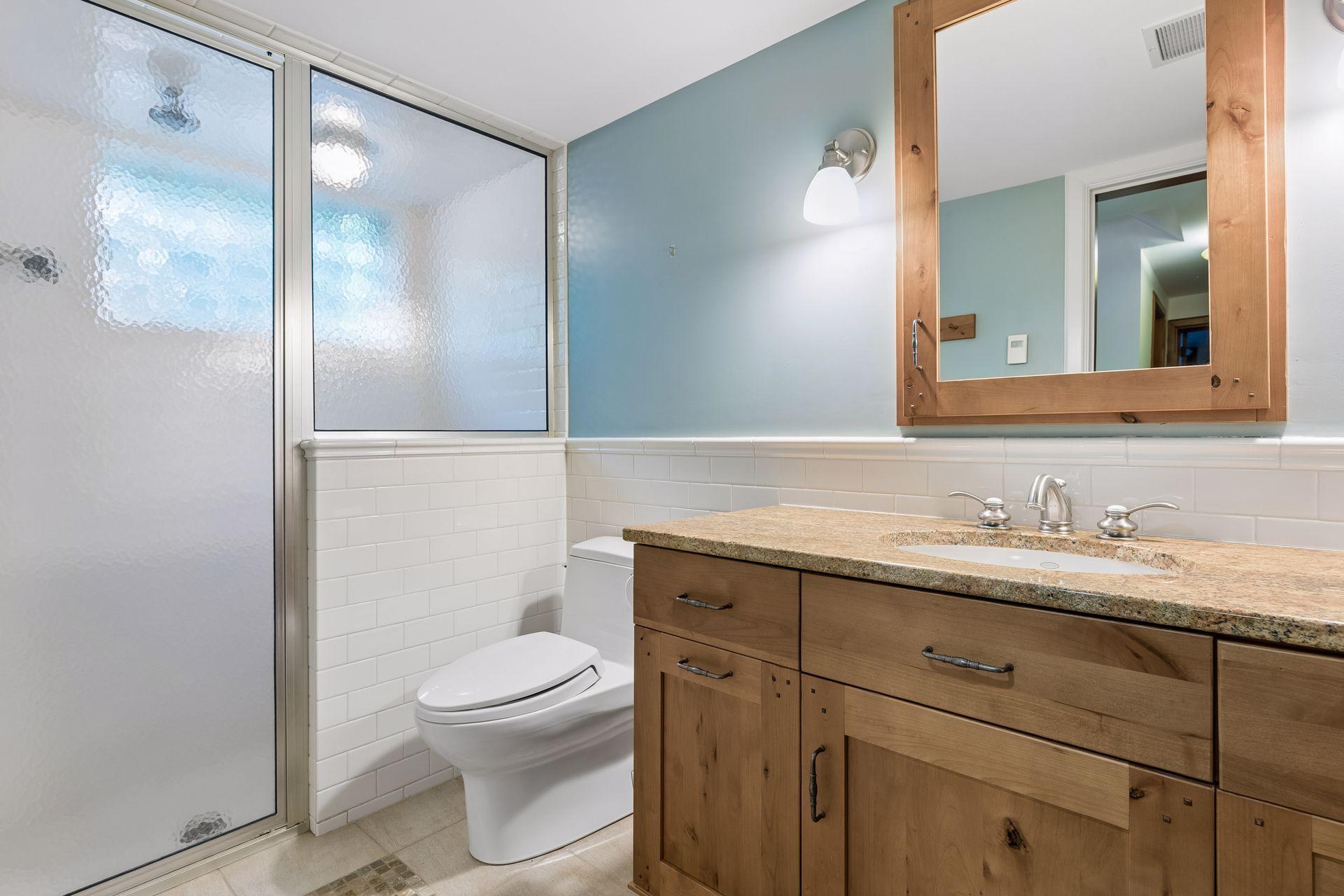 Lower level 3/4 bath with tile steam shower. Plenty of room to add a sauna if desired!