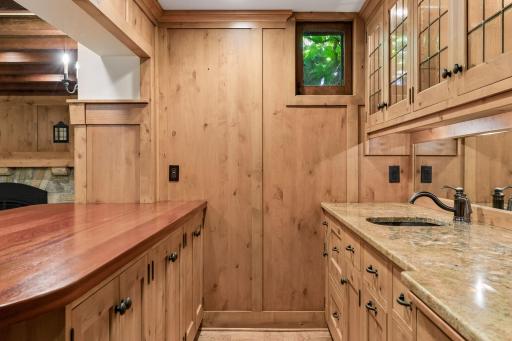 Lower level kitchenette and wet bar featuring a full refrigerator, a drawer dishwasher, wet bar, and lots of storage cabinetry.