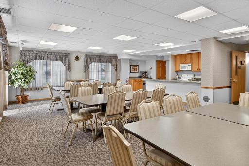 Shared community kitchen and gathering room on first floor.