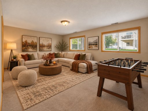 Virtually staged fallish photo for a large family room with fun to be had with a foosball table!