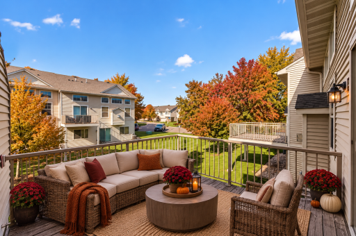 VIRTUALLY STAGED deck with hang out space and tons of trees!