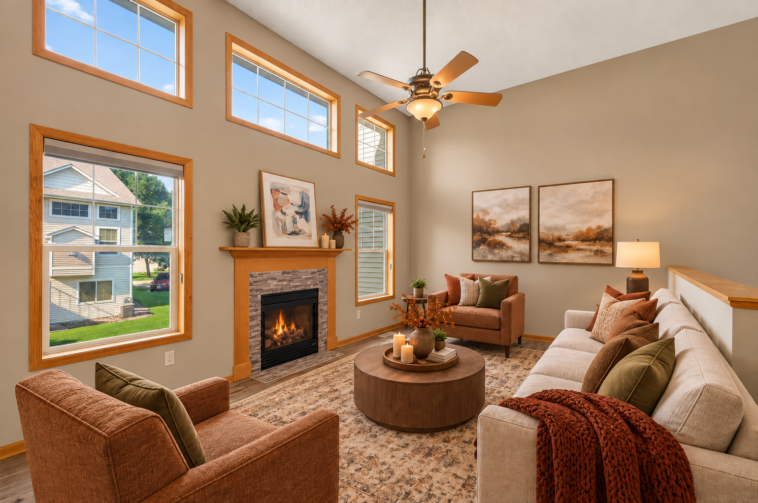 Virtually staged home with all the furniture and furnishings including the fireplace fire. What a cozy place this could be!