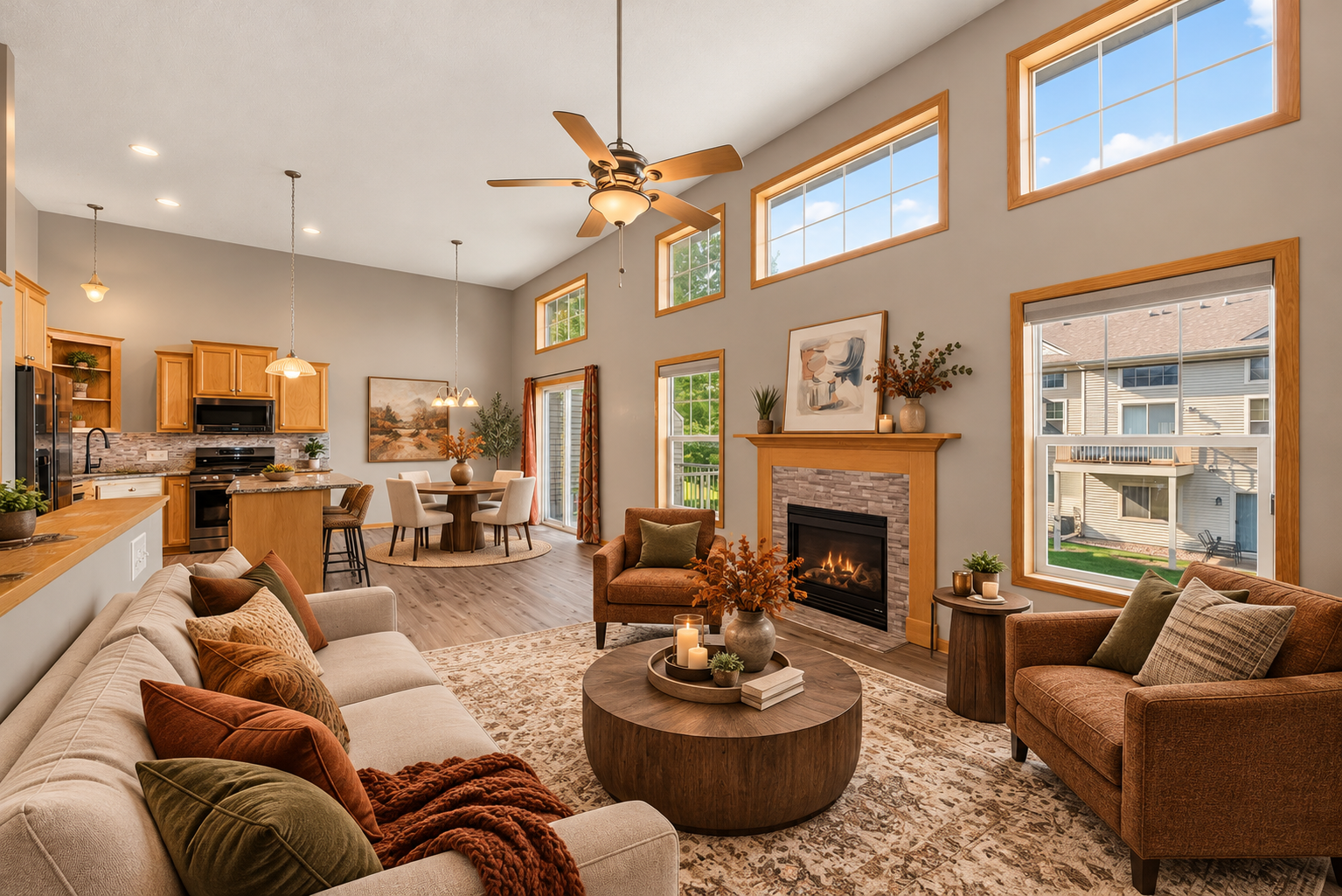 Virtually staged home with all the furniture and furnishings including the fireplace fire. What a cozy place this could be!