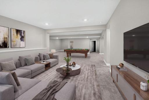 Virtually staged to help envision a comfortable family room designed for movie nights and relaxing