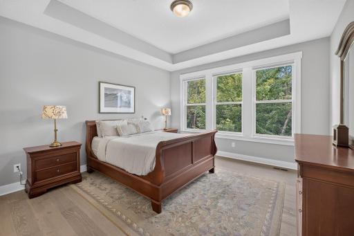 The serene primary suite features a tray ceiling and peaceful backyard views