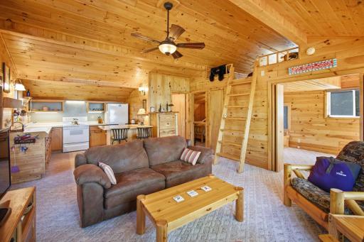 The knotty pine vaulted ceiling.