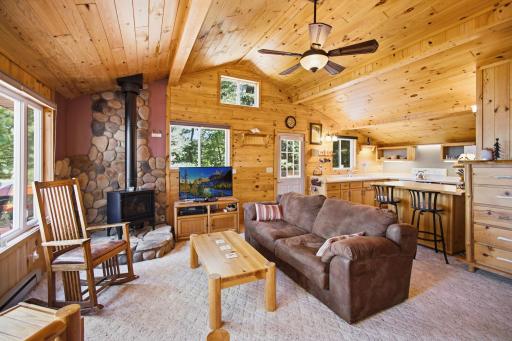 Another view of the living room and the main entrance door into the cabin.