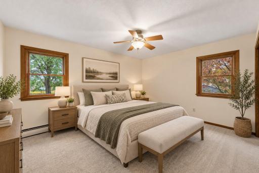 Virtual staged bedroom showing options for room 14x11.5 in size with wall closets