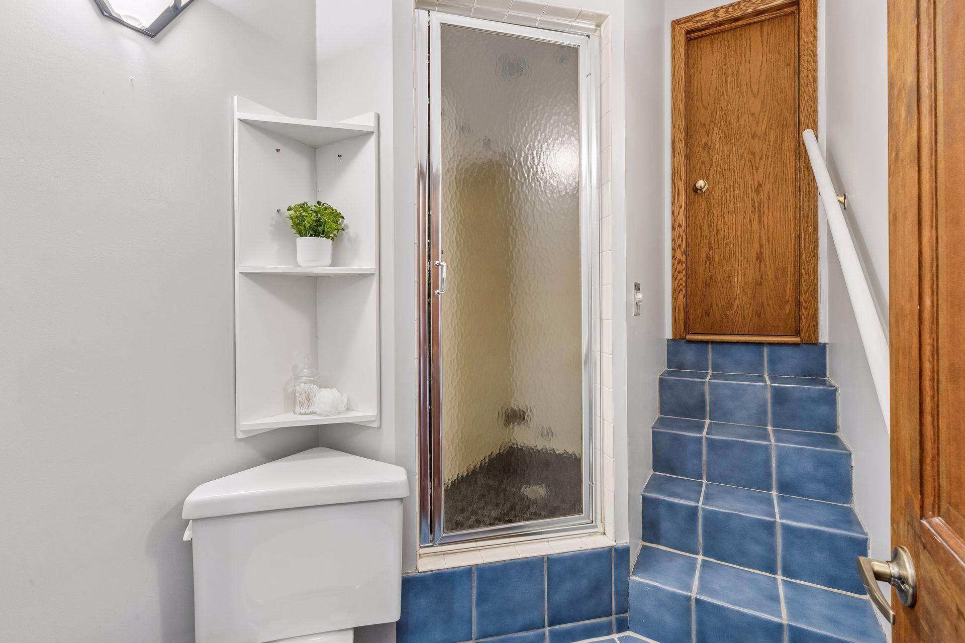 Nothing cookie cutter about this step up shower in the 3/4 bath on the main level.